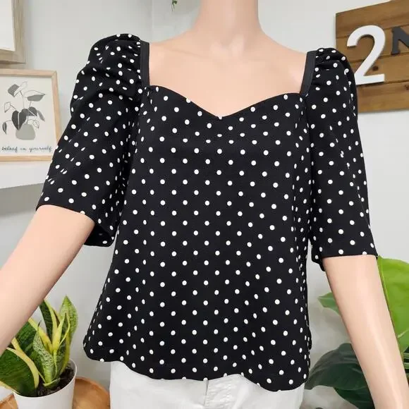 H&M Blouse women XL,Black polka dot puff sleeve Sweetheart collar top - Picture 2 of 5